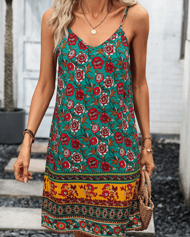 Printed Spaghetti Strap V-Neck Dress