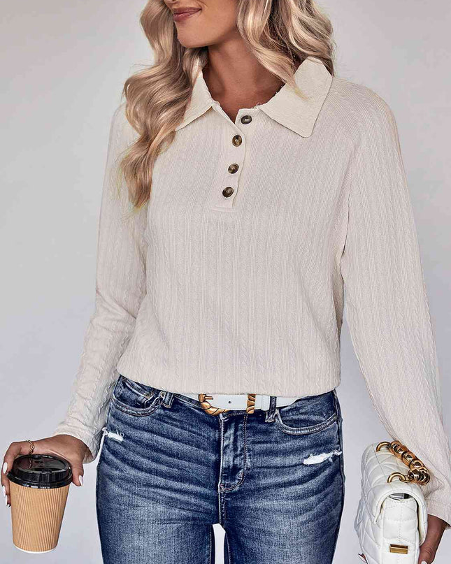 Collared Neck Buttoned Long Sleeve Top