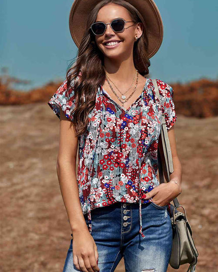 Floral Flutter Sleeve Tie-Neck Blouse