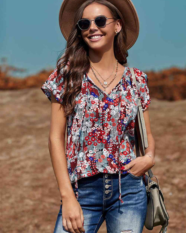 Floral Flutter Sleeve Tie-Neck Blouse