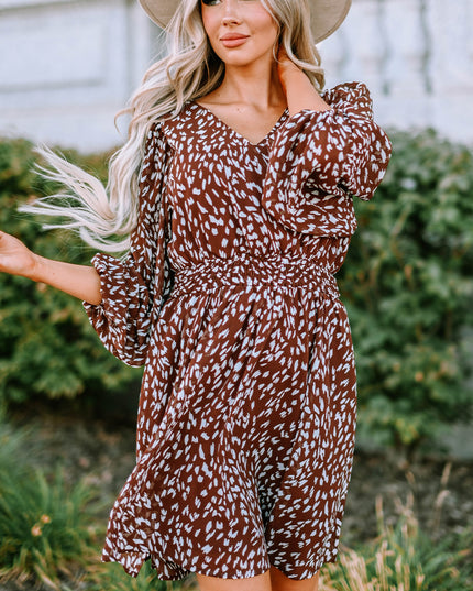 Printed Balloon Sleeve V-Neck Dress