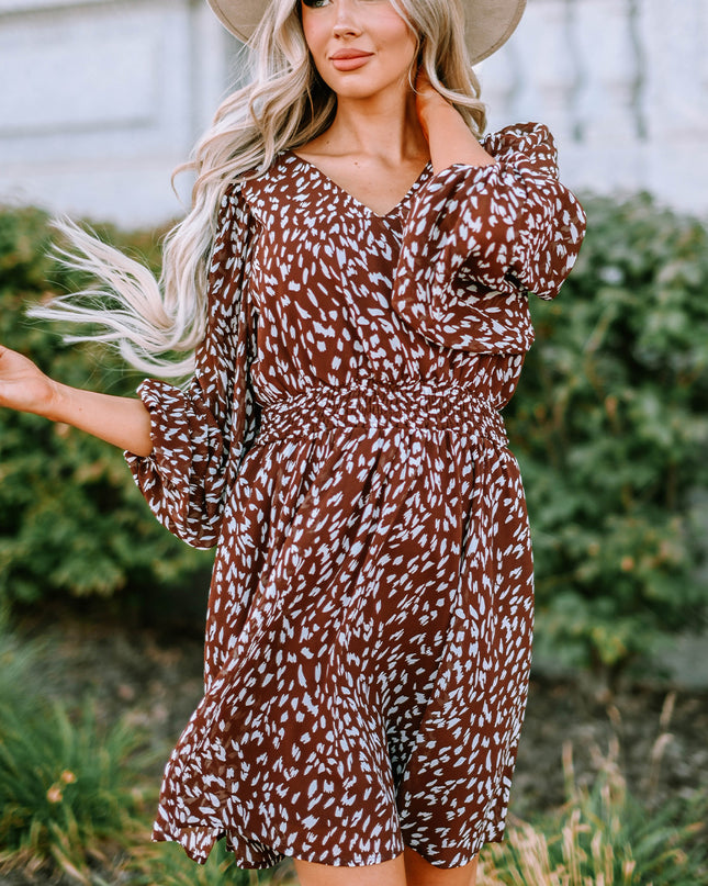 Printed Balloon Sleeve V-Neck Dress