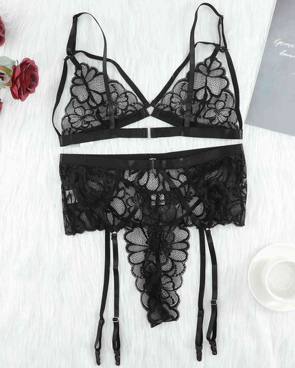 Strappy Three-Piece Lace Lingerie Set