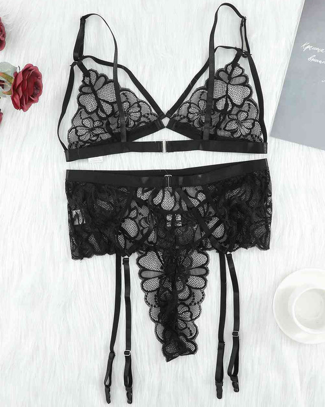 Strappy Three-Piece Lace Lingerie Set