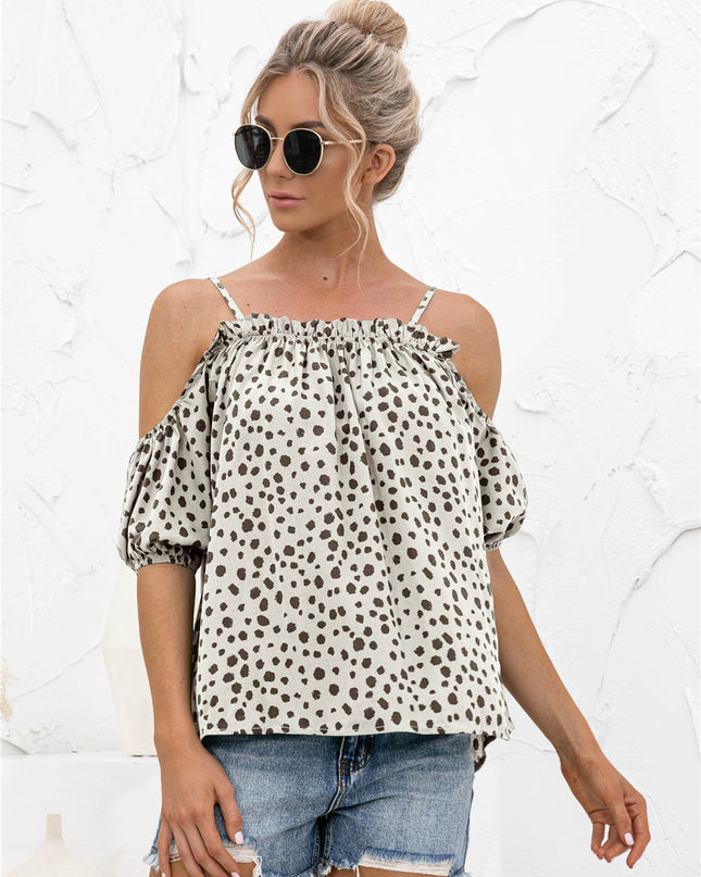 Printed Cold-Shoulder Frill Trim Blouse