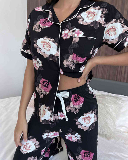 Floral Short Sleeve Shirt and Pants Lounge Set