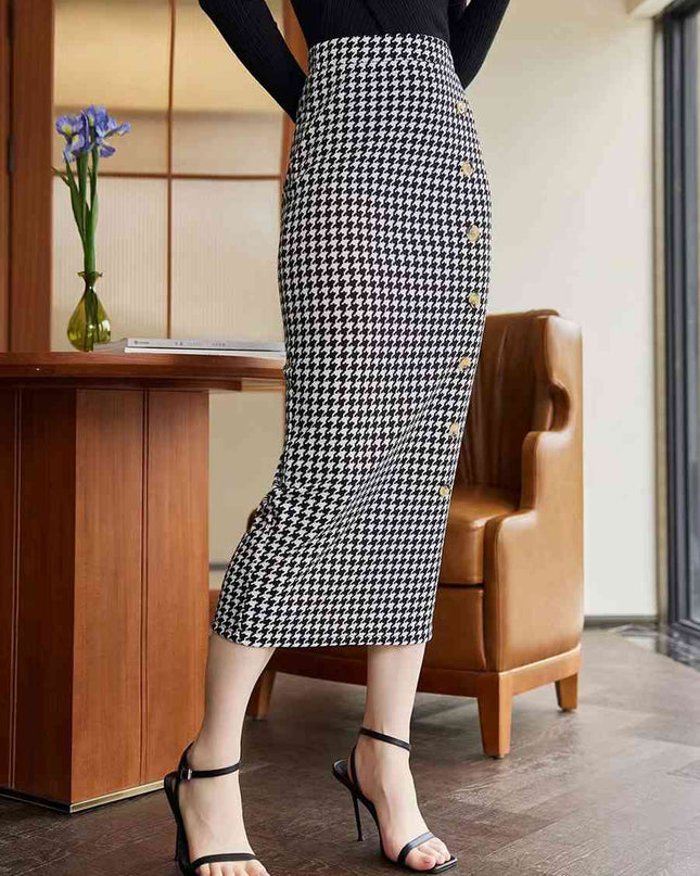 Houndstooth Decorative Button Slit Midi Skirt