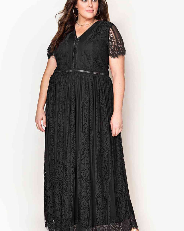 V-Neck Short Sleeve Lace Maxi Dress