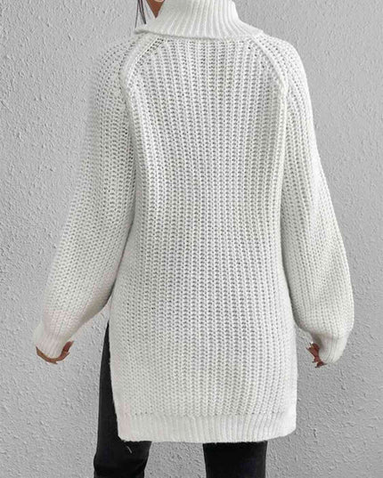 Full Size Turtleneck Rib-Knit Slit Sweater