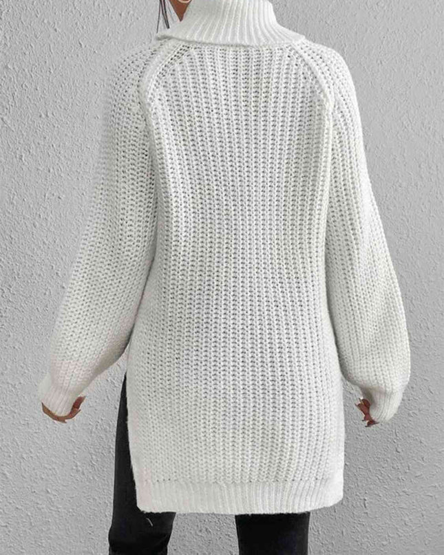 Full Size Turtleneck Rib-Knit Slit Sweater