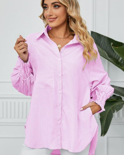 Striped Button Up Smocked Long Sleeve Shirt
