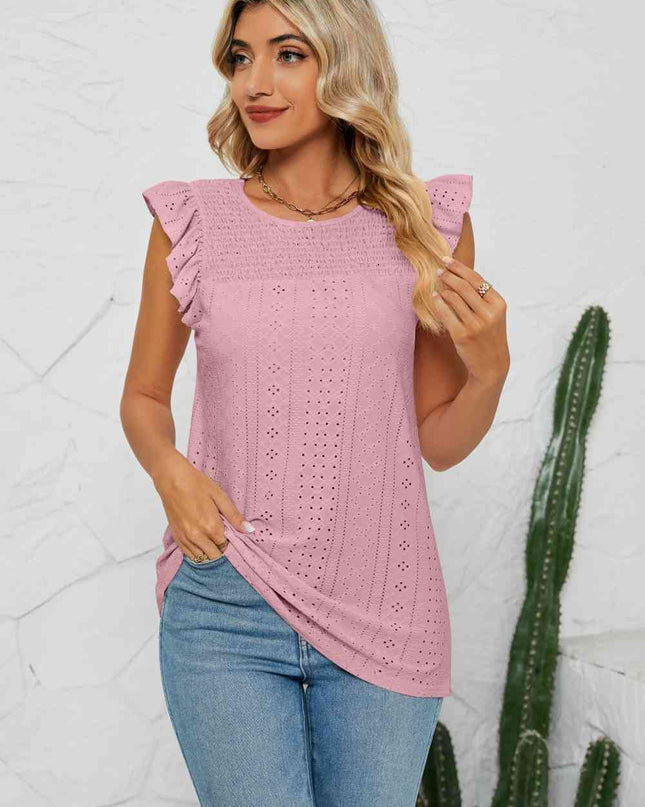 Smocked Round Neck Eyelet Top
