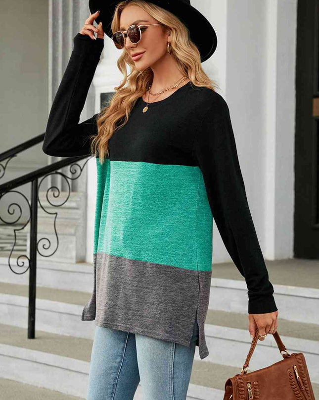 Color Block Round Neck Long Sleeve Slit T-Shirt