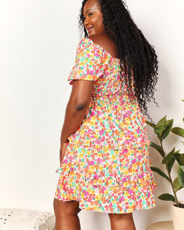 Double Take Smocked Sweetheart Neck Flounce Sleeve Mini Dress