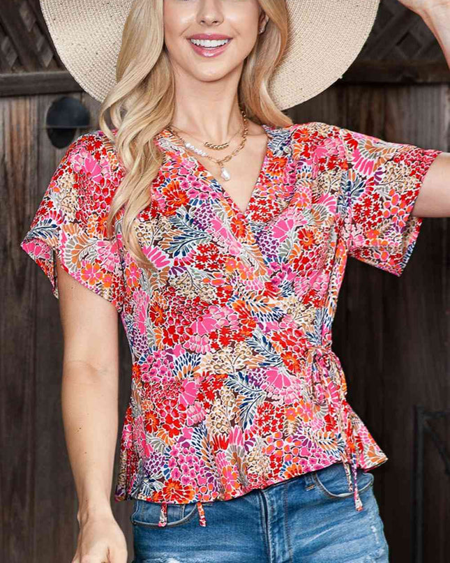 Printed Short Sleeve Tied Blouse