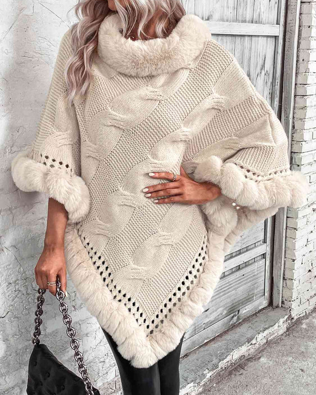 Faux Fur Trim Cable-Knit Poncho