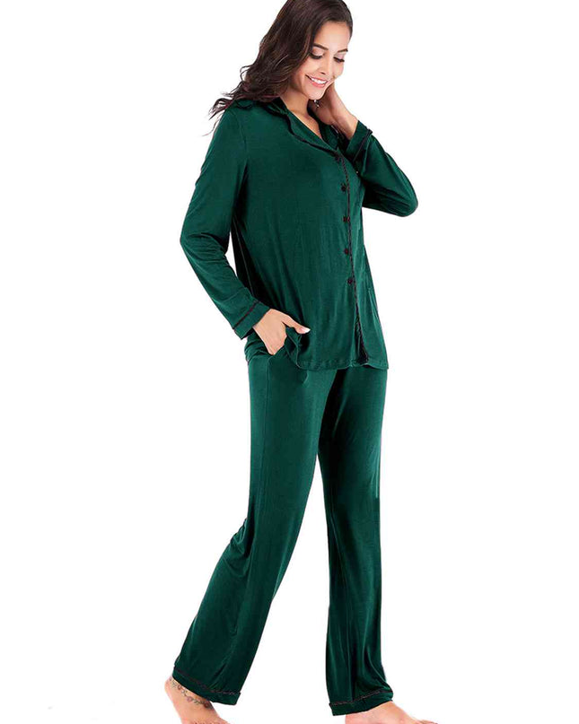 Collared Neck Long Sleeve Loungewear Set with Pockets