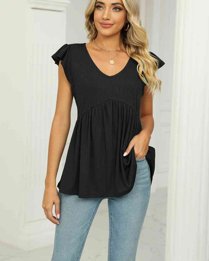 V-Neck Flutter Sleeve Babydoll Blouse