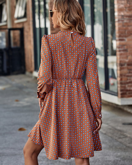 Printed Ruched Mock Neck Long Sleeve Dress