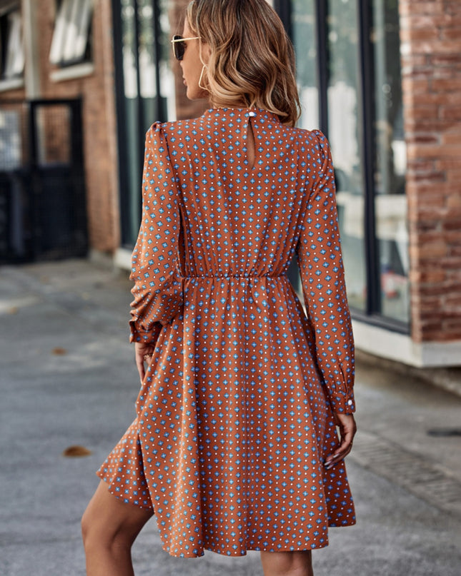 Printed Ruched Mock Neck Long Sleeve Dress