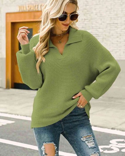 Double Take Horizontal Ribbing Johnny Collar Sweater