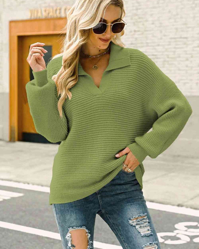 Double Take Horizontal Ribbing Johnny Collar Sweater
