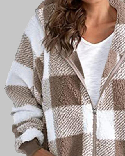 Plaid Zip-Up Hooded Jacket with Pockets