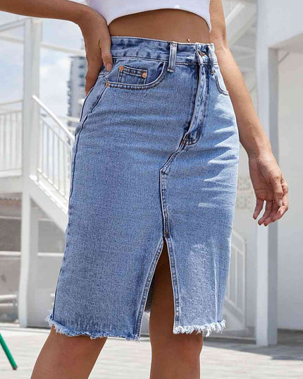 Buttoned Slit Denim Skirt