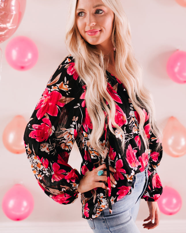 Floral V-Neck Balloon Sleeve Blouse