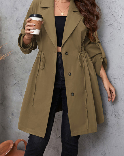 Plus Size Lapel Collar Drawstring Roll-Tab Sleeve Trench Coat