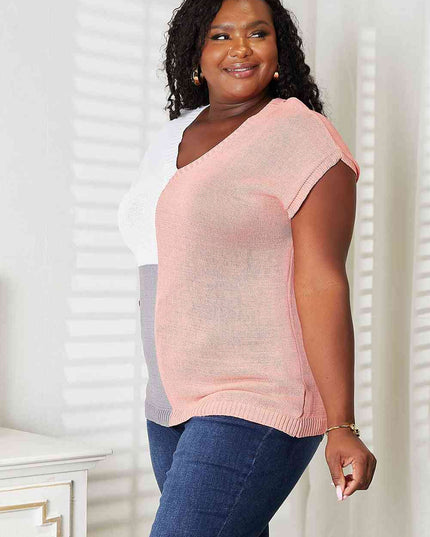 Double Take Color Block V-Neck Knit Top
