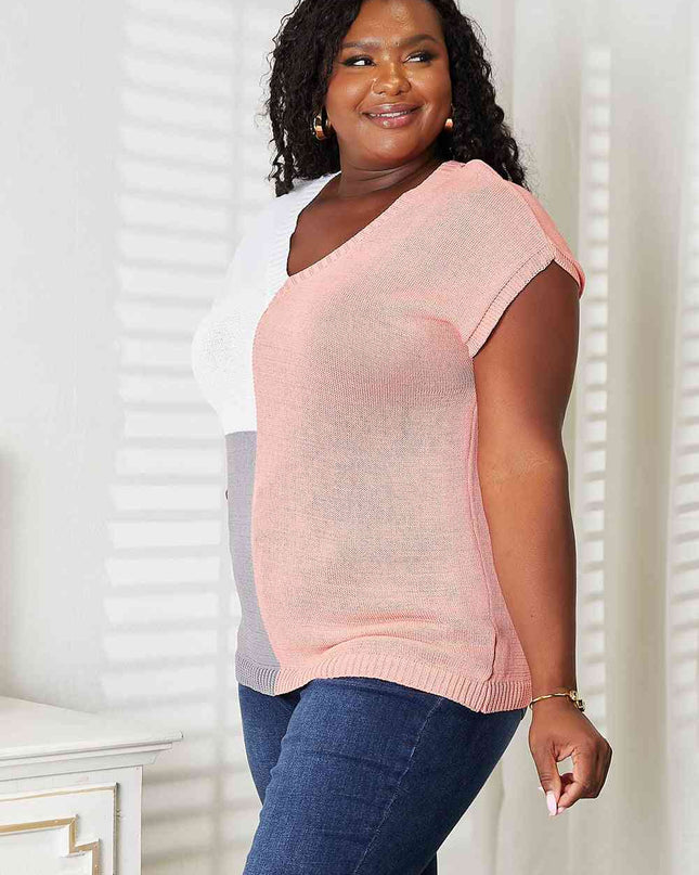 Double Take Color Block V-Neck Knit Top