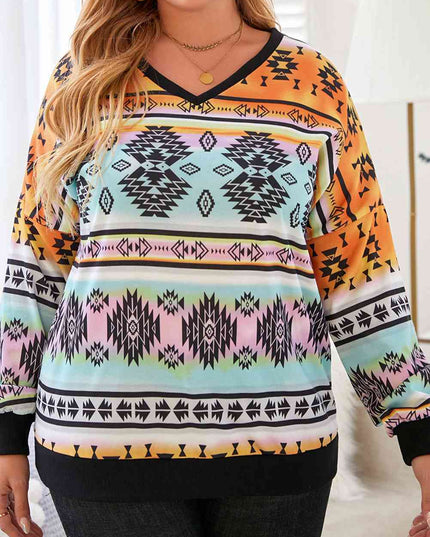 Plus Size Geometric Print V-Neck Long Sleeve Top