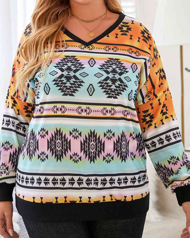 Plus Size Geometric Print V-Neck Long Sleeve Top