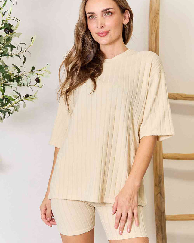 Basic Bae Ribbed Round Neck Top and Shorts Lounge Set
