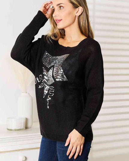 Double Take Sequin Graphic Dolman Sleeve Knit Top