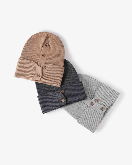 Button Detail Rib-Knit Cuff Beanie