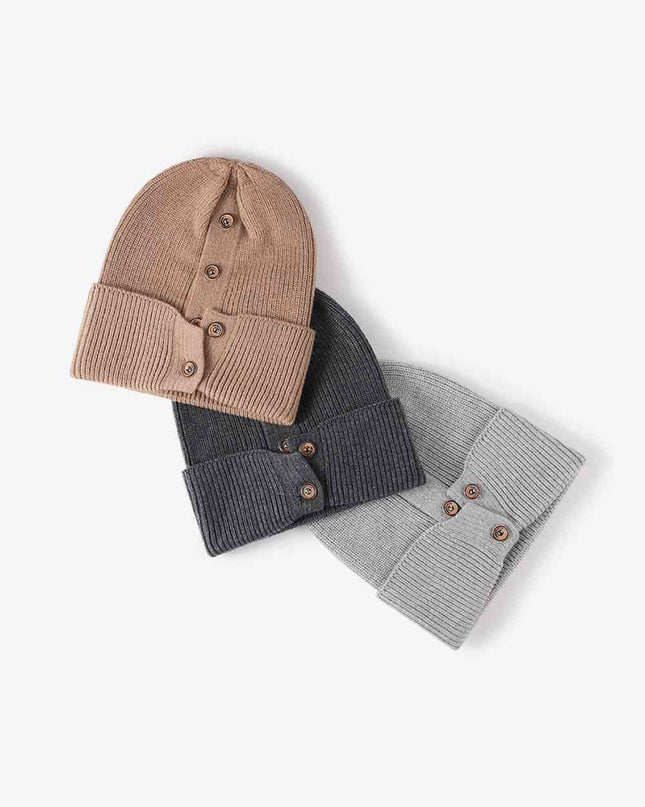 Button Detail Rib-Knit Cuff Beanie
