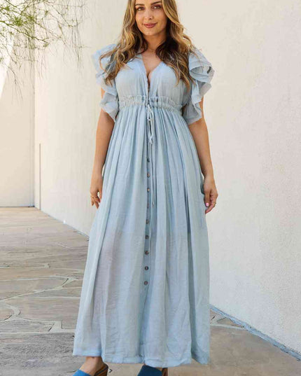 Sweet Lovely By Jen Full Size Drawstring Deep V Butterfly Sleeve Maxi Dress