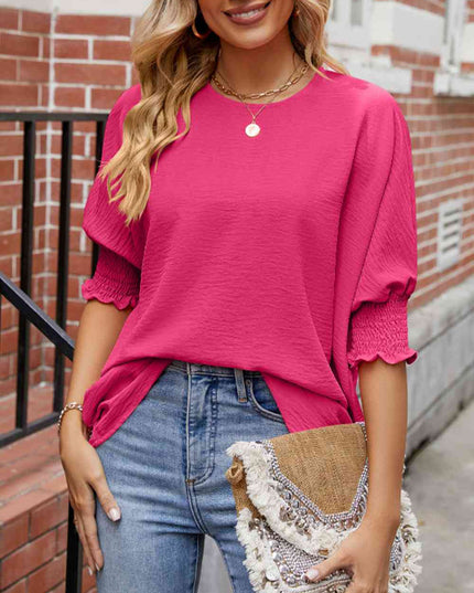 Round Neck Smocked Lantern Sleeve Blouse