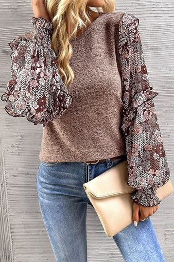 Heathered Floral Frill Lantern Sleeve Blouse