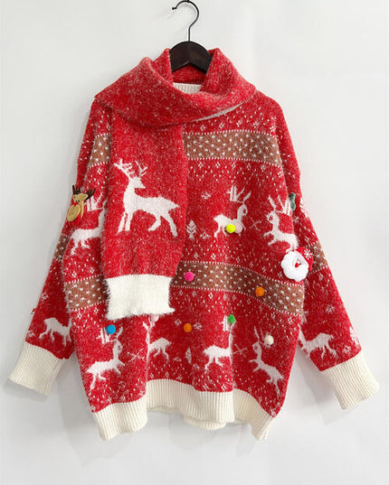 Christmas Element Round Neck Sweater and Scarf Set