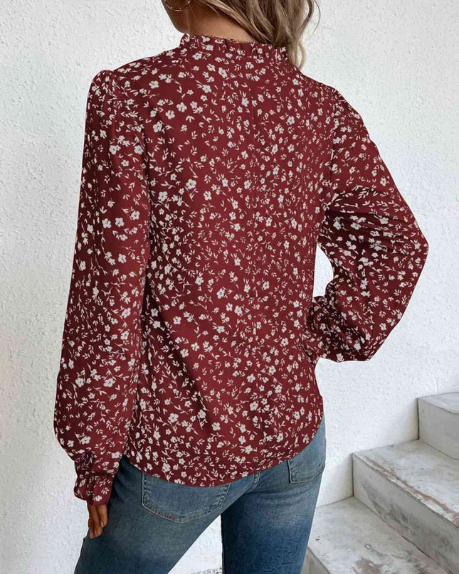 Notched Neck Flounce Sleeve Blouse