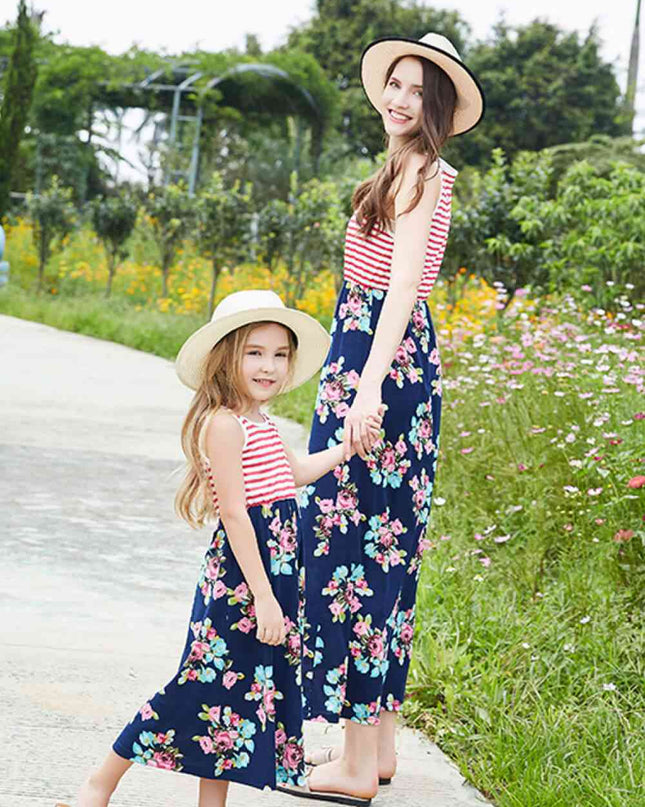 Women Striped Floral Sleeveless Dress