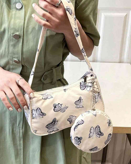 Butterfly Print Shoulder Bag with Purse