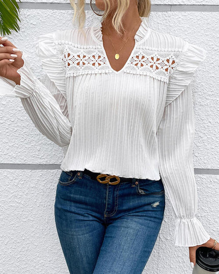 Textured Ruffle Trim Long Sleeve Blouse