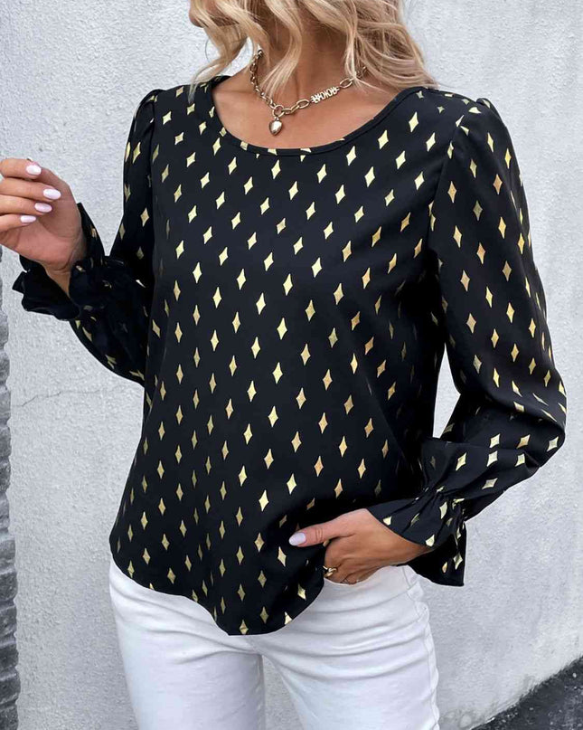 Double Take Printed Round Neck Flounce Sleeve Blouse