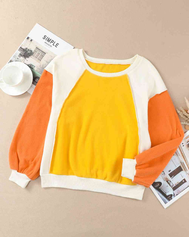 Round Neck Dropped Shoulder Color Block Sweatshirt