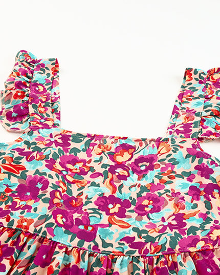 Floral Buttoned Square Neck Ruffled Tank