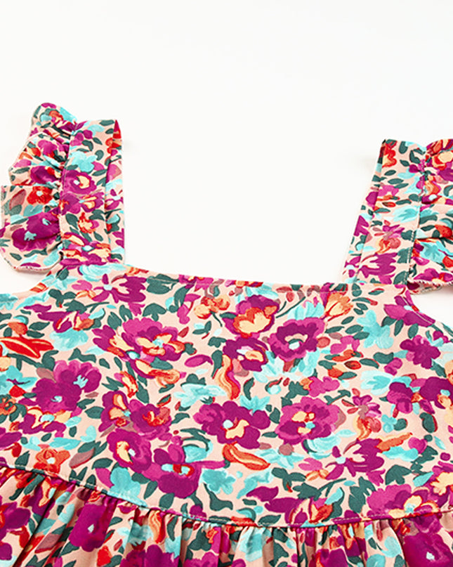 Floral Buttoned Square Neck Ruffled Tank